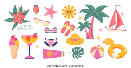 Summer stickers set. Design elements for tropical beach vacation. Vector seasonal elements. Ice cream; tropical leaves; cocktails; beach accessories, yacht, palm tree, tropical flowers