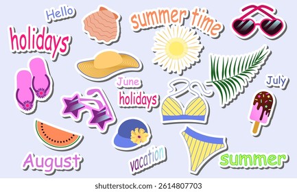 Summer stickers set. Stickers for diary, scrapbooking. Vector