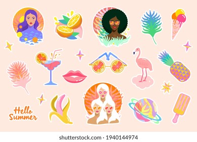 Summer stickers set with flamingo, sunglasses, tropical palm leafs, banana, pineapple, fashion model girls, ice cream, cocktail, lips.Trendy elements for summertime design. Vector illustration 