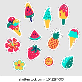 Summer stickers set. Fun stickers design vector in summer holidays concept. Summer labels, logos, hand drawn tags and elements set for summer holiday, travel, beach vacation, sun. Vector illustration.