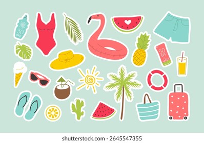 Summer stickers set. Hand drawn icons elements for summertime season, vacation, holiday at tropical resort. Beach element flat style for poster banner card