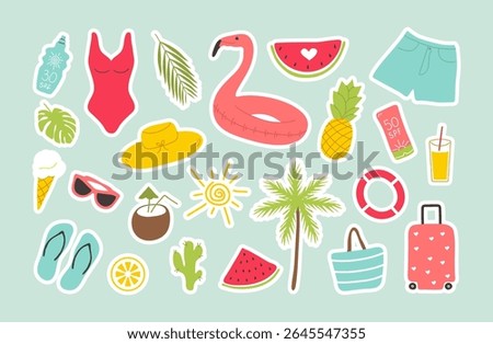 Summer stickers set. Hand drawn icons elements for summertime season, vacation, holiday at tropical resort. Beach element flat style for poster banner card