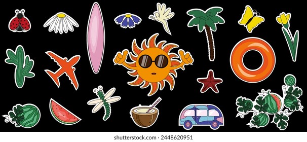 Summer Stickers Set. Kawaii Sun, travel Bus, Palm tree, Aircraft etc Summer Symbols isolated black background. Vector illustration can used web and social media design. EPS 10