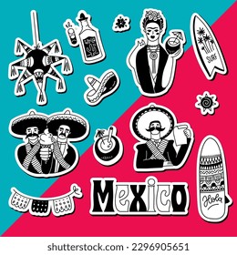 Summer Stickers Set of mexican national things. Doodle sketch style vector illustration. Mexico style collection.