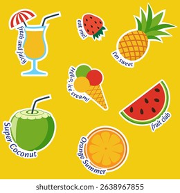 Summer stickers set with text, orange background, stickers with inscriptions, coconut cocktail, cocktail, drink, strawberry, orange slice, pineapple, ice cream, cocktail straw, summer, vacation