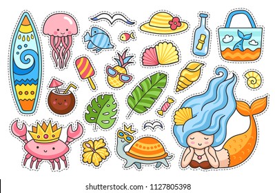 Summer stickers set. Travel collection. Cartoon mermaid, jellyfish, turtle, crab, surf board, tropical leaves, flowers, coconut, pineapple, ice cream, fish, seagulls. 