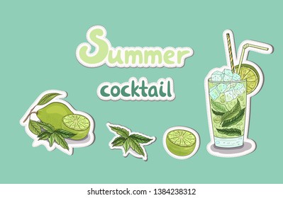 Summer stickers set. Tropical fruit mojito cocktail label. Scrapbook  sticker collection. Cocktail, mint, lime freshness drink. Closeup.