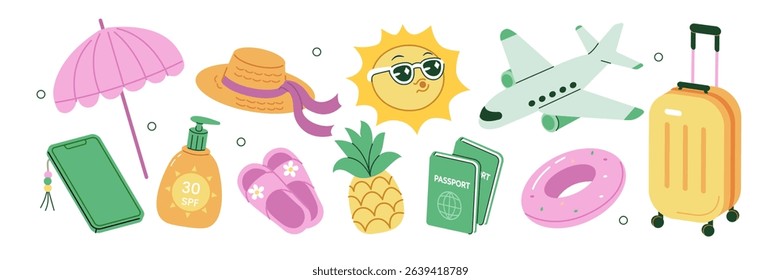 Summer stickers set. Tropical holiday, vacation on beach collection. Plane, airport luggage, sunscreen and other travel elements. Modern cartoon concept. Vector illustration.