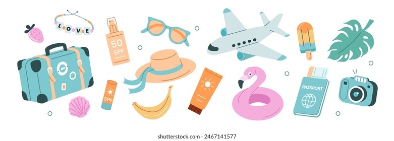 Summer stickers set. Tropical vacation on beach scrapbooking collection. Plane, ticket, sunscreen and other travel elements. Modern cartoon concept. Vector illustration.