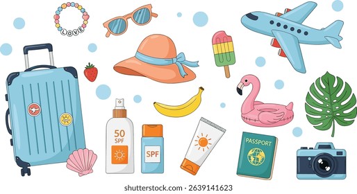 Summer stickers set. Tropical vacation on beach scrapbooking collection. Plane, ticket, sunscreen and other travel elements. 