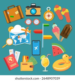 Summer stickers set. Tropical vacation on beach scrapbooking collection. Travel elements. Modern cartoon concept. Vector illustration.