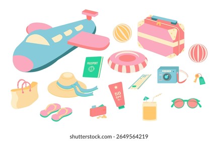 Summer stickers set. Tropical vacation on beach scrapbooking collection. Plane, ticket, sunscreen and other travel elements. Modern cartoon concept. Vector illustration.
