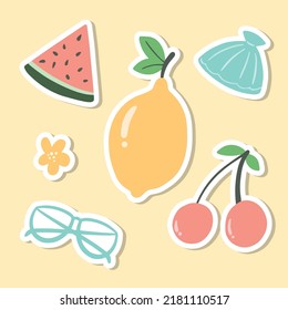 Summer stickers set of watermelon, lemon, seashell, cherry, eyeglasses