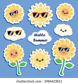 Summer Stickers, sun and sunflower flat vector illustration.
