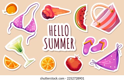 Summer stickers travel beach holiday tropical summertime isolated set. Beach activity vacation concept. Vector cartoon graphic design element illustration
