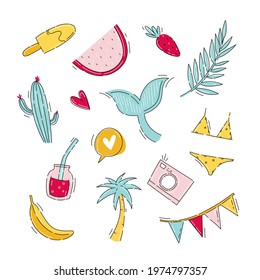 Summer stickers with travel elements in flat hand drawn style. Doodle cactus, whale, palm tree and banana for design t-shirt