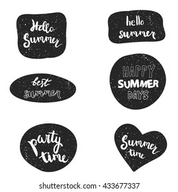 Summer stickers vector set. Handwritten party time, hello summer, summer time, best summer, happy summer days.