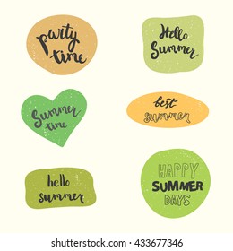 Summer stickers vector set. Handwritten party time, hello summer, summer time, best summer, happy summer days.