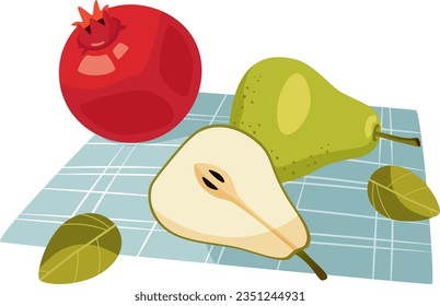 Summer still life on a white background: fruits and berries on a tablecloth, fruits on a towel, fruits on a blue checkered blanket. Pomegranate and pear. Blue checkered tablecloth. 