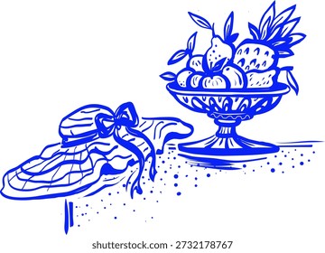 Summer still life with straw hat and fruit bowl