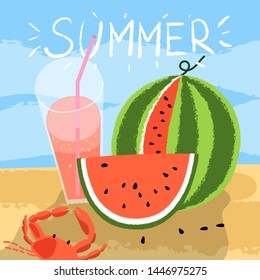 Summer stilllife with watermelon, slice of watermelon, waves, juice and crab. Vector cartoon illustration isolated.