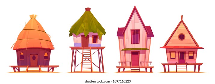 Summer stilt houses, bungalows on sea beach isolated on white background. Vector cartoon set of vintage villas for vacation and resort on exotic island in ocean. Small huts with straw roof on pier