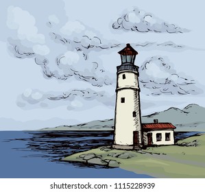 Summer stone hill bank scene on gray overcast cloudy gale sky. Point lantern for ship or boat. Dark gloomy hand drawn bed weather coastline sketch in art retro cartoon doodle style with space for text