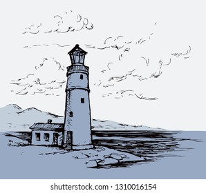 Summer stone hill bank scene isolated on white sky. Point lantern for ship or boat. Freehand line black ink hand drawn coastline sketchy in art retro cartoon doodle style pen on paper space for text