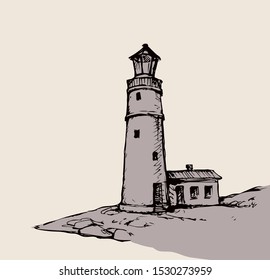 Summer stone hill bank scene isolated on white cloudy sky. Point lantern for ship or boat. Freehand line black ink hand drawn icon sketchy in art retro cartoon doodle style pen on paper space for text