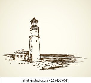 Summer stone hill bank scene isolated on white sky. Point lantern for ship or boat. Freehand line black ink hand drawn coastline sketchy in art retro cartoon doodle style pen on paper space for text