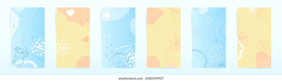 Sommergeschichten Abstrakte Hintergründe - Verspielte pastellblaue und gelbe Vektor-Illustrationen mit Herzen, Blasen und floralen Doodles