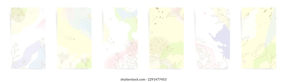 Summer stories banner backgrounds set. Abstract design for summer stories and promo posters. Creative design with floral elements, summer silhouettes, artistic colors set.