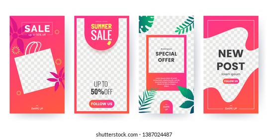 Summer stories concept for social media. Bright summer banner set with palm branch, tropical leaves. Story concept. Product catalog, discount voucher, advertising. Vector eps 10