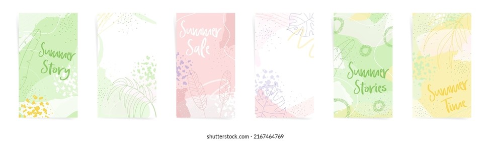 Summer story background templates set. Nature design for social media stories posts, promo cards. Vertical design with abstract shapes floral leaves, and aesthetic elements.