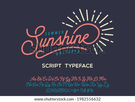 Summer Story. Hand made script font. Vacation summer time. Waikiki beach. Vector illustration. Retro typeface and logo. Summer style.