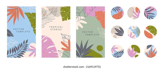 Summer story templates and highlights covers.Vector layouts with organic shapes and tropical leaves.Abstract backgrounds.Trendy design for social media marketing.Social media kit