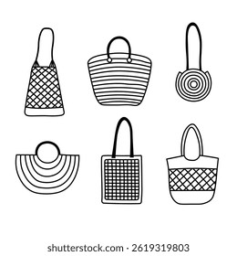 Summer straw bags on isolated background. Hand drawn handmade raffia beach accessories, fashion accessory for seaside, lifestyle, vacation. Vector illustration for sign, logo, print, paper, card