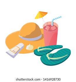 summer straw hat with cocktail and flip flops