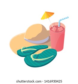 summer straw hat with cocktail and flip flops