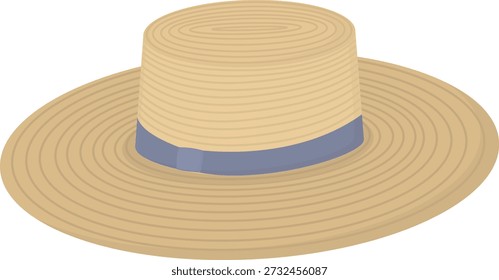Sombrero de paja del verano con la cinta gris aislada en el fondo blanco. Accesorio de moda de playa 