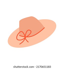 Summer straw hat with red ribbon. Vector illustration on isolated background. Woman head accessory, fashion protective headwear, travel clothes.