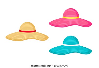 summer straw hat, sun hat set vector illustration isolated