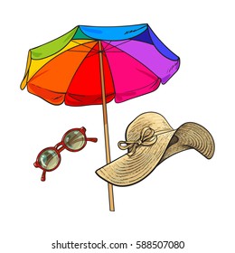 Summer straw hat with wide flaps, sunglasses in round frame and beach umbrella, sketch vector illustration isolated on white background. Hand drawn floppy straw hat, round sunglasses, beach umbrella