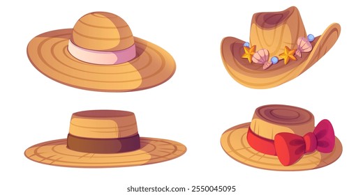 Summer straw hats collection in different styles. Wide brimmed sunhat with pink band, cowboy model decorated with shells and stars, classic farmer hat with brown ribbon, elegant accessory with red bow