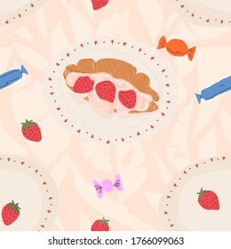 Patrón de ilustración artística de fresas de verano. Collage creativo con dulces. Patrón sin foco. Plantilla de diseño de moda.