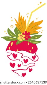 Summer strawberry cocktail with straw decorated with flowers and leaves. Vector isolated stylized drawing. Summer drink from red berries in flat style. Cafe, restaurant, recreation design