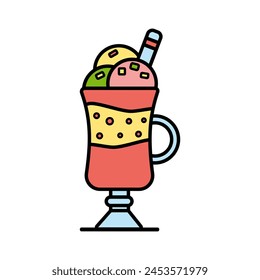 Summer strawberry drink with ice cream. Refreshing milkshake. Sweet summer dessert. Logo for menus, cafes, shops, sales. Doodle, vector illustration