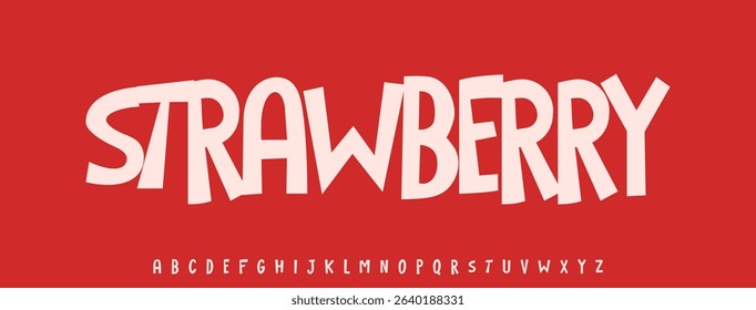 Summer Strawberry fruit, joyful lettering, cartoon funny typography. Childish font for friendly logo headline of culinary recipe book, sweets, ice cream. Vector typeset.