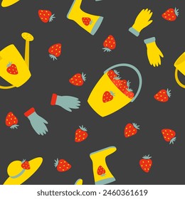 Summer strawberry harvest seamless pattern. Perfect print for tee, paper, textile and fabric. Hand drawn vector illustration for decor and design.