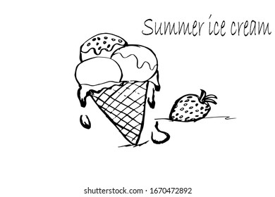 Summer strawberry ice cream. icon. 
White background. sketch.